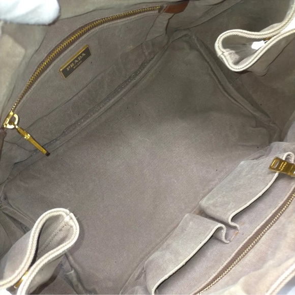Authentic Prada Canapa Hand Bag tote Lg Dark Beige/brownish  tan color Canvas - Picture 10 of 17